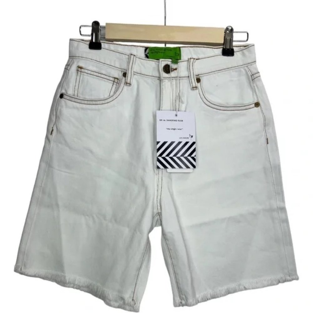 FREE PEOPLE x SANDRINE ROSE WHITE HIGH RISE BERMUDA FRAYED JEAN SHORTS NWT 26 27